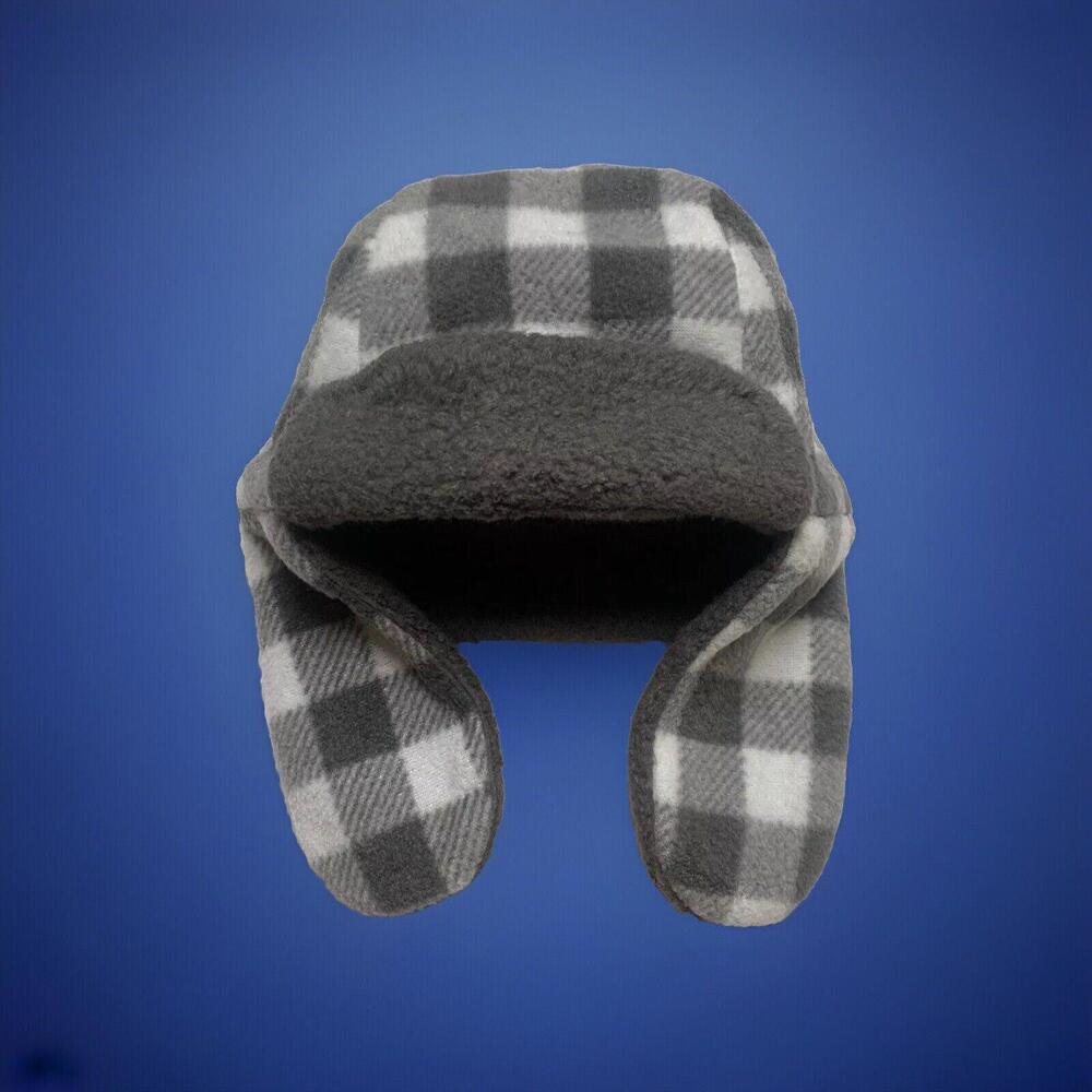 HB Toddler Boys 18-24M Gray White Plaid Squares Plush Lined Winter Trapper Hat